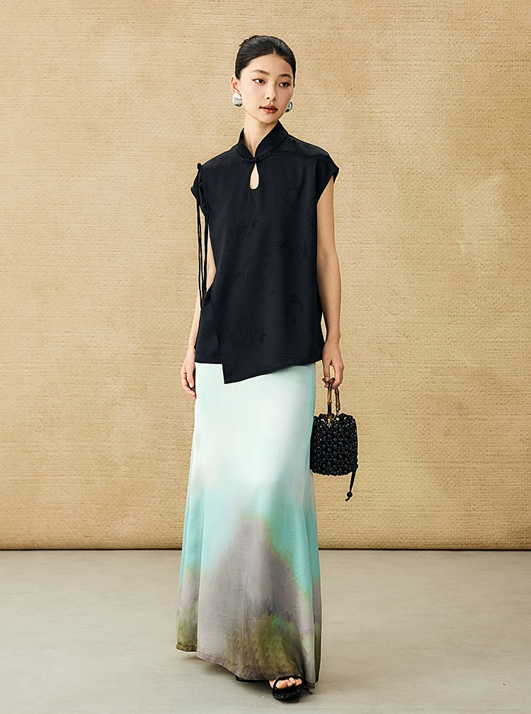 HECO Chinese Peony Buckle Short Sleeve Acetate Tassel Top - TEACH .