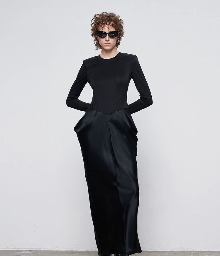 ANNAKIKI designer black acetate panel slim long-sleeved dress-JASMINE