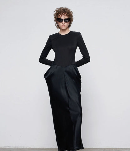 ANNAKIKI designer black acetate panel slim long-sleeved dress-JASMINE