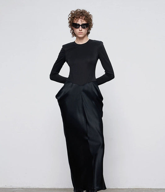 ANNAKIKI designer black acetate panel slim long-sleeved dress-JASMINE