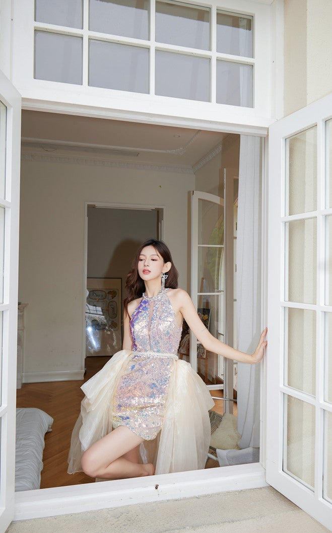 DOLLY High End Rainbow Sleeveless Bright Sequin Halter Neck Party Dress-NELLY