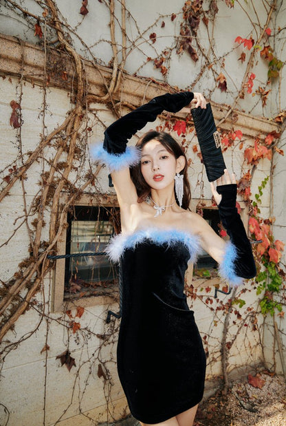 DOLLY Elegant Black Off Shoulder Blue Furry Tube Top Short Velvet Party Dress-URIEL