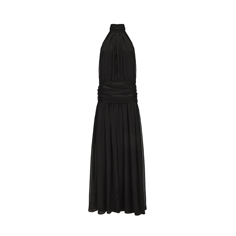 ATELIER MISS LU Flowy Multi-layered Halterneck Low-waisted Black Gown - BIANCA