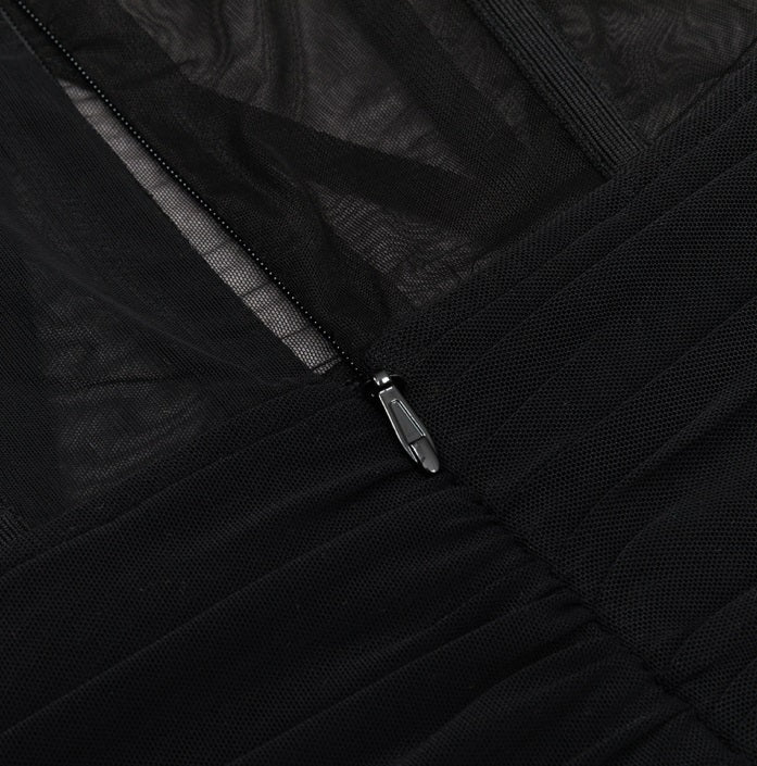 DOLLY Elegant Black Off Shoulder Short Sleeve Hollow Waist Mesh Long Dress-ALETTE