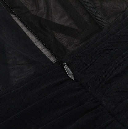 DOLLY Elegant Black Off Shoulder Short Sleeve Hollow Waist Mesh Long Dress-ALETTE