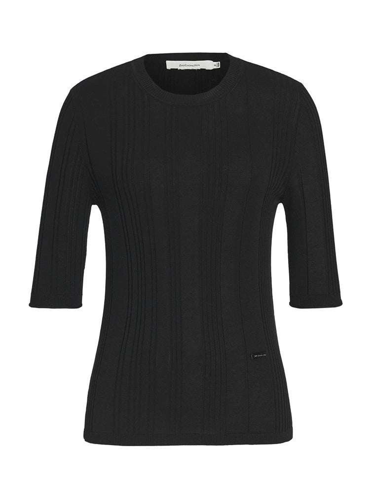 ZHUCHONGYUN black simple mid-sleeve slim knit top-IKARI.