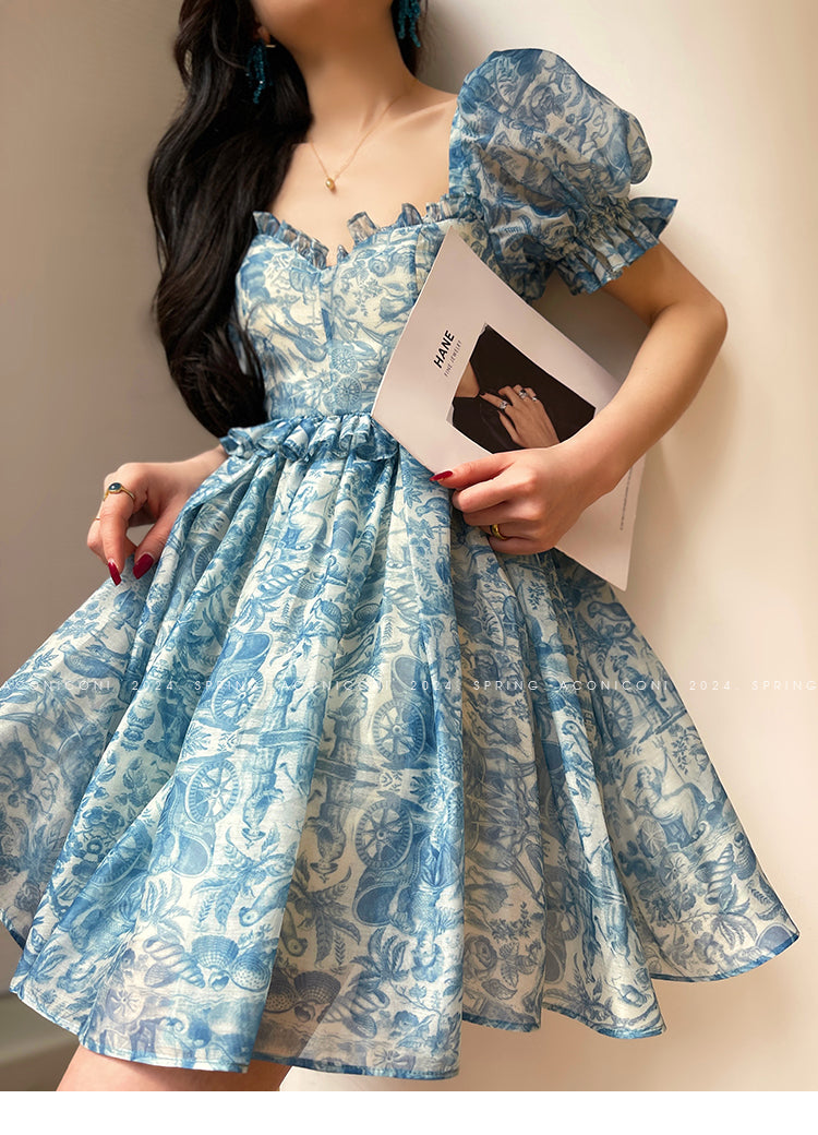 princess style short dresses Polka Dot Short Princess Dress With Puff Sleeves M