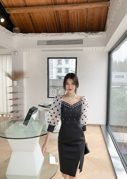DOLLY Luxury Black Retro Style V-Neck Polka Dot Long Sleeve Slim Fit Dress-DEL