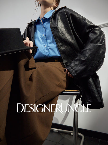 DGU "Obsidian Black" black leather jacket Haining sheepskin versatile top - Eric.