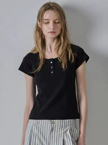 Nothing Written short sleeve t-shirt simple slim fit solid color casual crop top-LUNA.