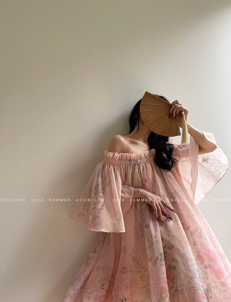 Aconiconi Luxury Off-Shoulder Flower Short Sleeve bridal baby doll Dress - Magnolia Lotus Fragrance