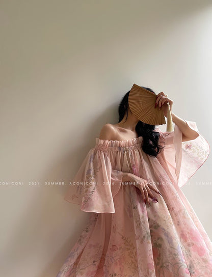 Aconiconi Luxury Off-Shoulder Flower Short Sleeve bridal baby doll Dress - Magnolia Lotus Fragrance