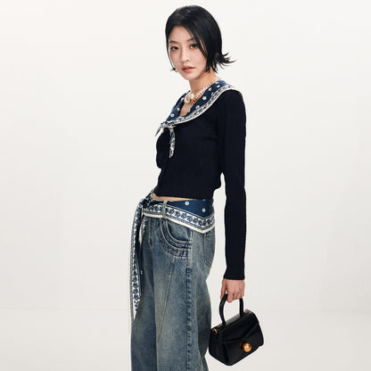 FAME Beaded Printed Silk Scarf Shawl Knitted Cardigan Top - BRONSON