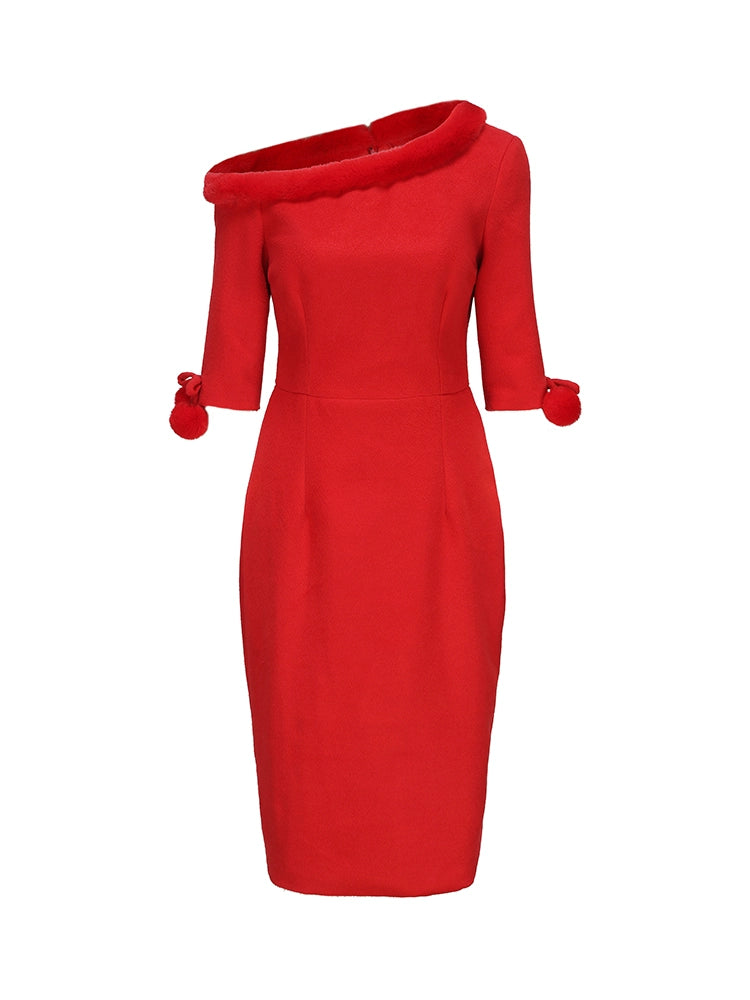 Le Palais Vintage Red Trim Tweed Off-the-Shoulder Dress-DANA