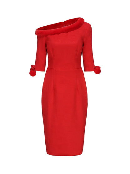 Le Palais Vintage Red Trim Tweed Off-the-Shoulder Dress-DANA