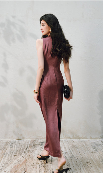 WANGXO |Water Drop Cutout, Custom Pin & Pinch-Pleated Sleeveless Dress- SENA