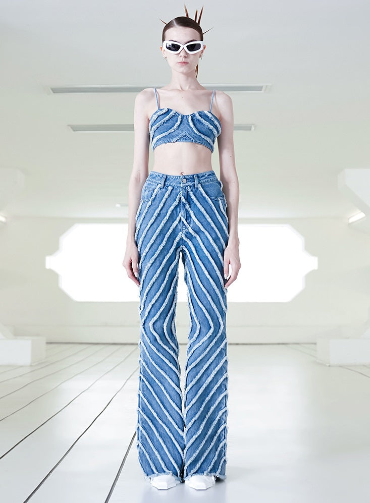 ANNAKIKI fractal shooting star raw edge denim bell bottoms-YAMEN.