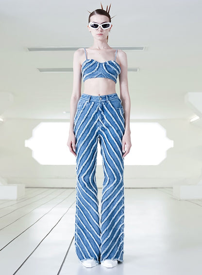 ANNAKIKI fractal shooting star raw edge denim bell bottoms-YAMEN.