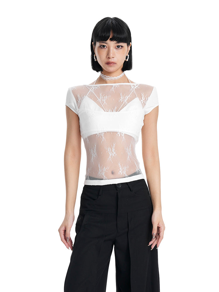 TINY IN  Short Lace Sexy One-Shoulder Top-NAM