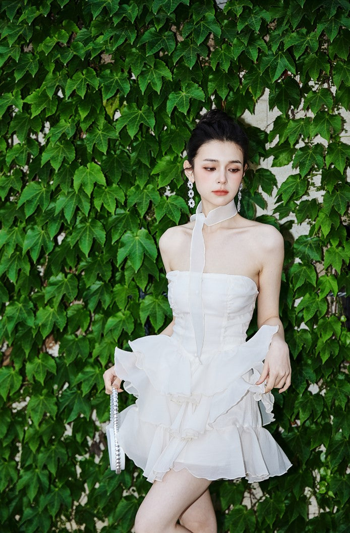 DOLLY Elegant Cream Colored Tube Top Fluffy Ruffle Birthday Dress-ANDORA (V)