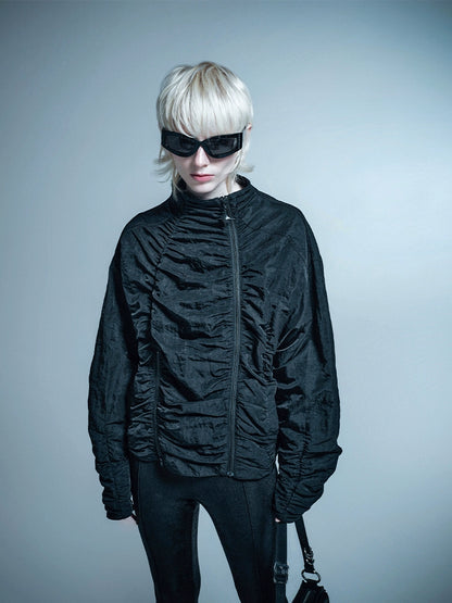 ANNAKIKI black zipper split function pleated jacket for women-HINA