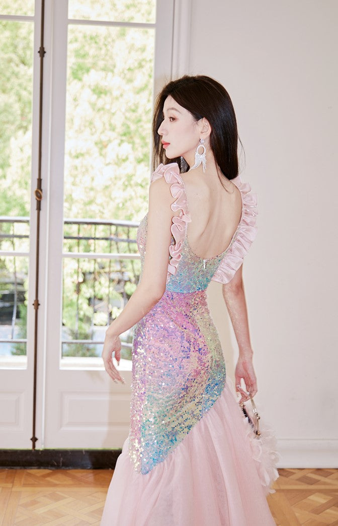 DOLLY Luxury Gradient Deep V-Neck Sleeveless Sequin Long Backless Party Dress-IVETTE