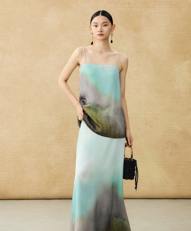 HECO Chinese Style Smudge Human Silk Camisole Cool and Breathable Seaside T - PALM.