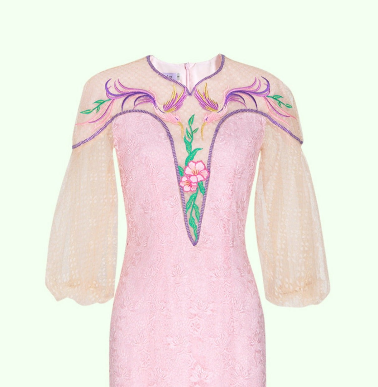 Magic Q Pink Phoenix Bird Embroidery Stitching Lace Woven Gold Mesh Double Layer Puff Sleeve Slit Dress