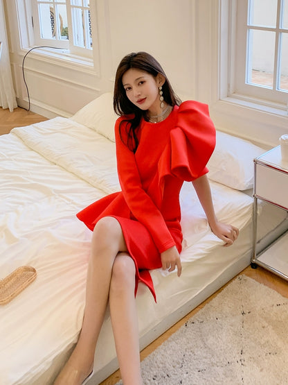 DOLLY Elegant Red Sloping Shoulder Ruffle Long Sleeve Midi Dinner Dress-KIMBRA