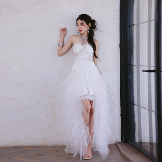 DOLLY Elegant White Two Piece Bandeau Wedding Dress-MUNA