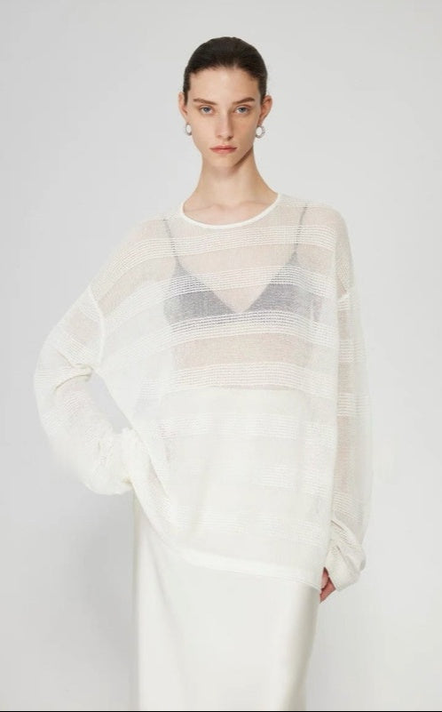 PIAOIN Striped Knitwear Women's Long Staple Cotton Crew Neck T-Shirt-NATALIA.