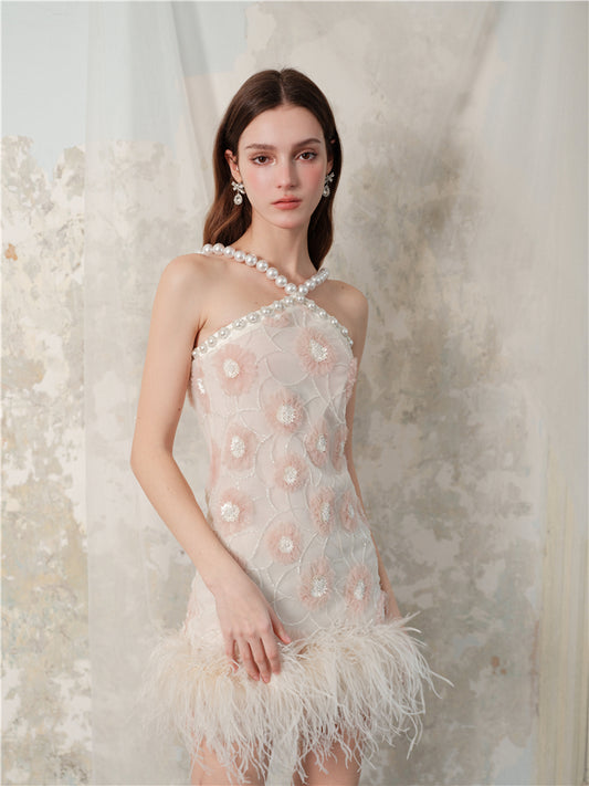 Wardrobes by Chen Luxury Pink Pearl Halter Neck Embroidered Feather Dress-Stacey