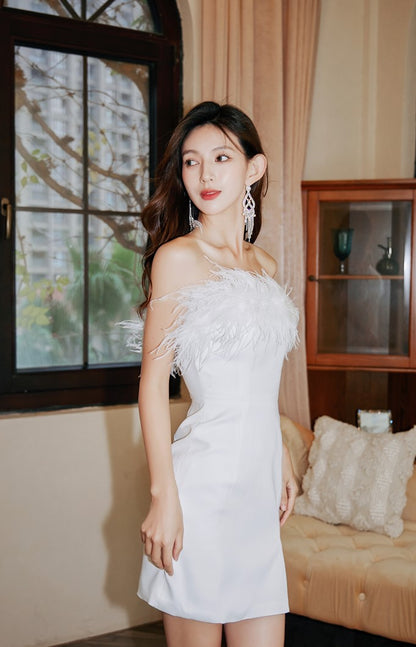 DOLLY Luxury Black/White Off Shoulder Fluffy Feather Short Slit Date Dress-JEMMA