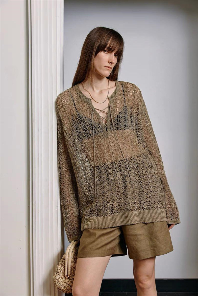 PIAOIN light luxury cut-out lace-up yarn knitted blouse women's loose Tencel jacket -WILLOW