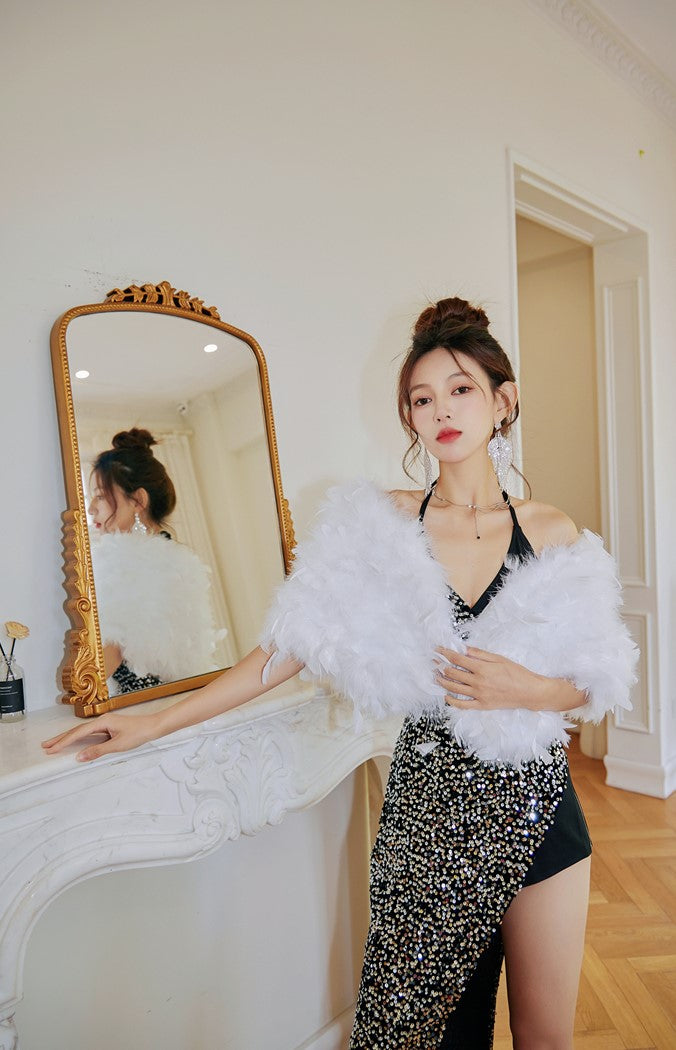 DOLLY Luxury Black Sleeveless Sequin Halter Neck Irregular Hem Sexy Cocktail Dress-ANASTASIA