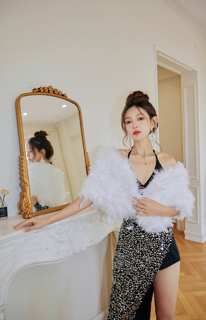 DOLLY Luxury Black Sleeveless Sequin Halter Neck Irregular Hem Sexy Cocktail Dress-ANASTASIA