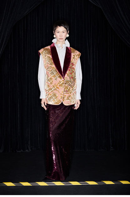 M essential Mackay designer embroidered quilted cotton gilet sequin long skirt-  lily of the valley