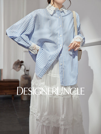 DGU|Blue Striped New Lace Stitching French Elegant Design Top - DREW.
