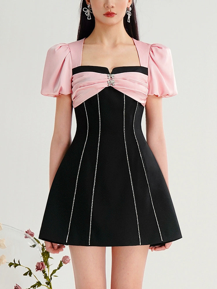 CHECOCRE  Elegant Contrasting Design Fashion Puff Sleeves Neck Slim Black Dress- DARK