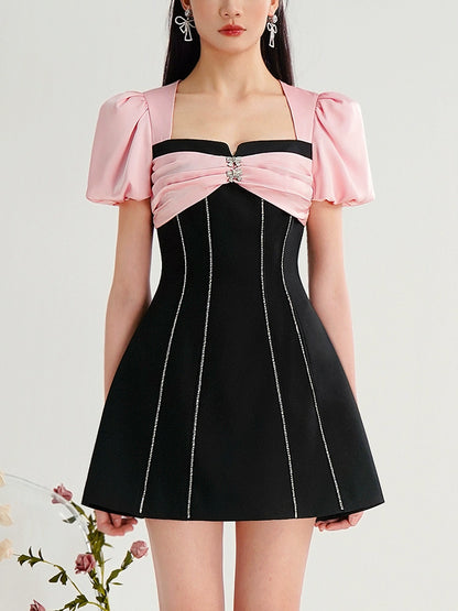 CHECOCRE  Elegant Contrasting Design Fashion Puff Sleeves Neck Slim Black Dress- DARK