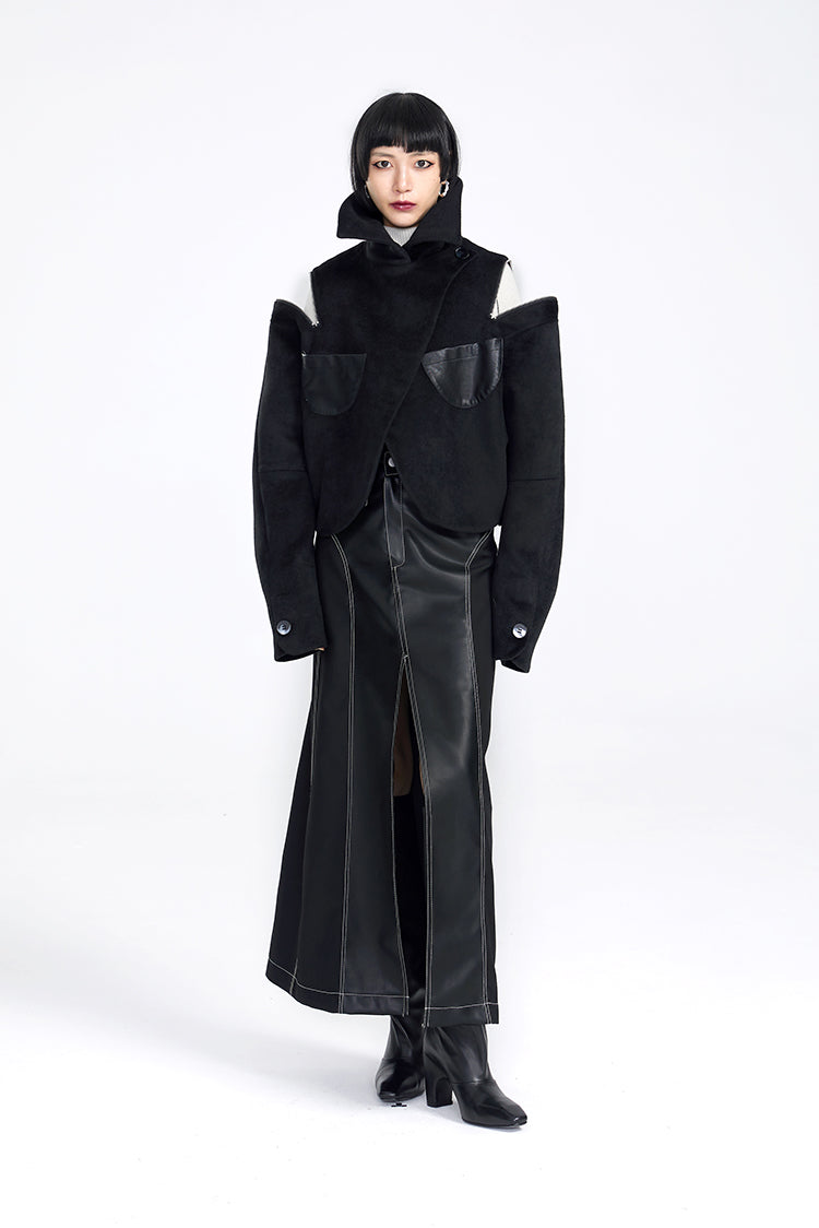 TINY IN women's black shoulder zipper cropped wool jacket- LOU