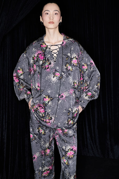 M essential Mackay designer cherry blossom print beads scissor neck loose top - NOCTAINE.