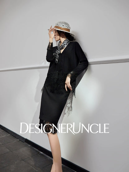 DGU Black Suit V-Neck Lace Patchwork Dress Knitted Top Two-Piece Set - FIRE.