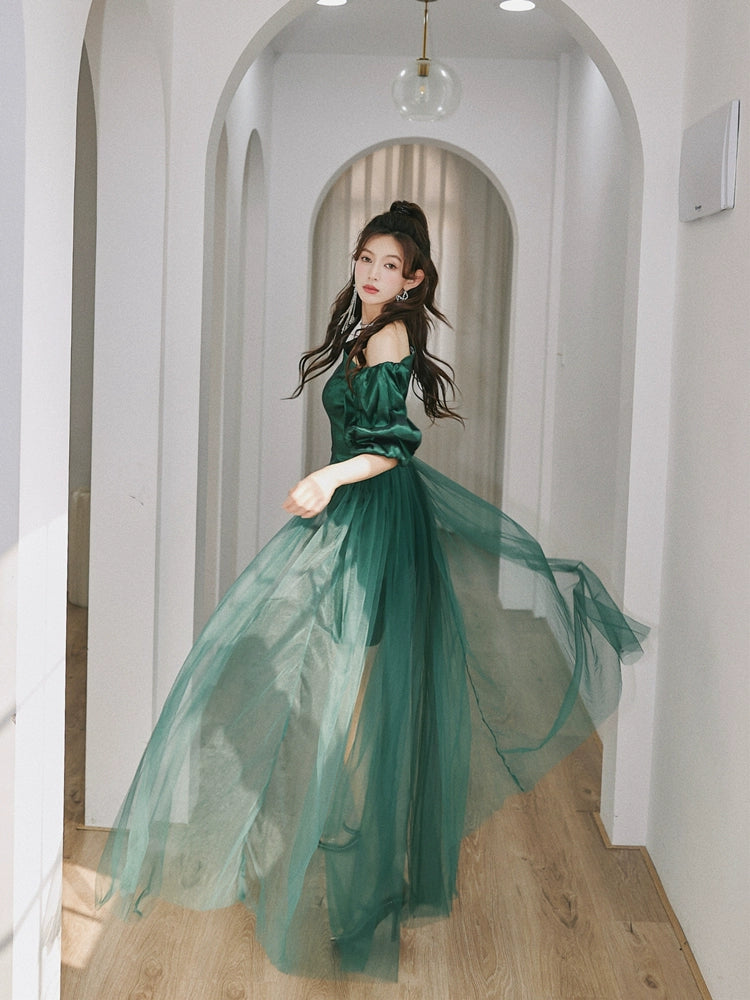 DOLLY Elegant Dark Green Retro Style Slant Collar Short Puff Sleeve Short Banquet Dress-CHITAH
