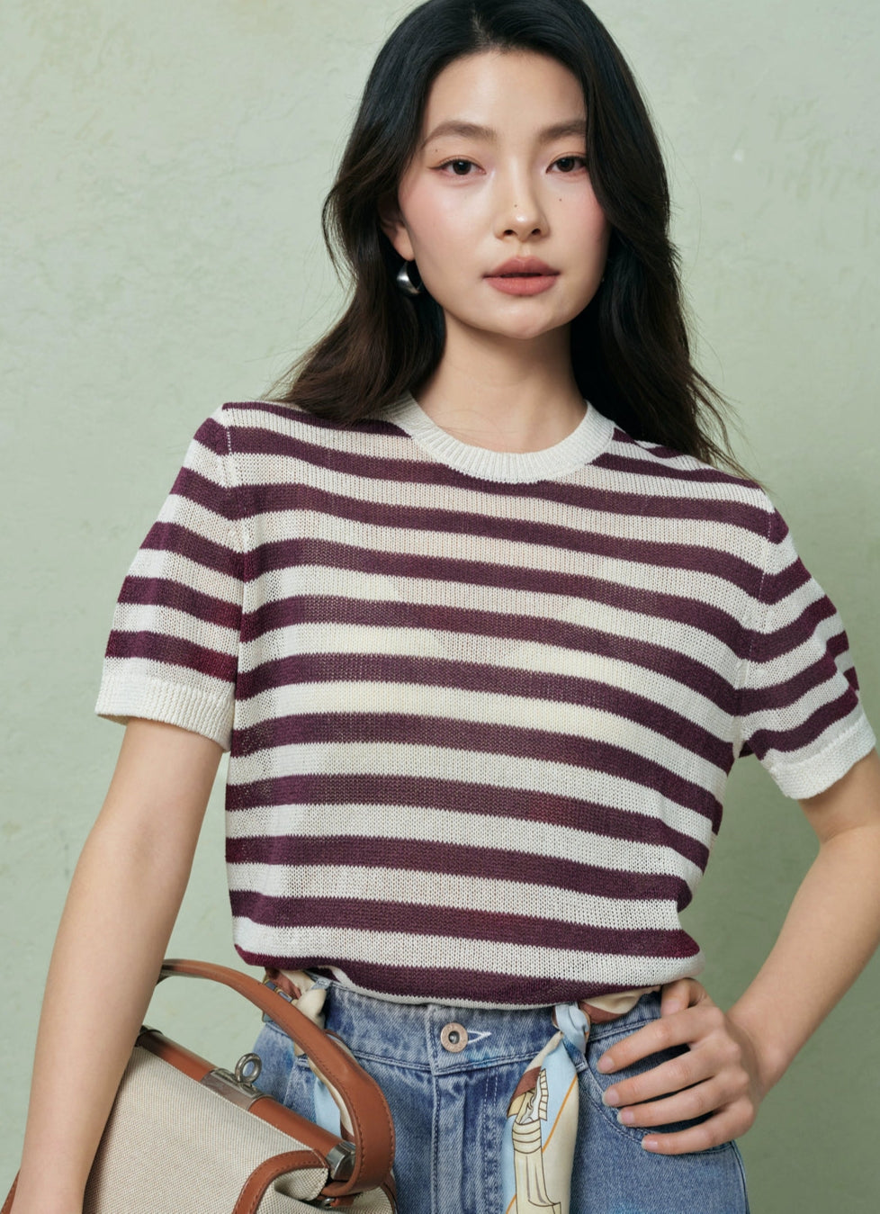SUSHE light hollow texture striped short-sleeved knit sweater new stretch loose top -BESS