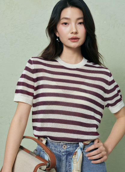 SUSHE light hollow texture striped short-sleeved knit sweater new stretch loose top -BESS