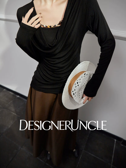 DGU|Black Knitted Drape V-Neck Top and brown pleater skirt- WAVES.