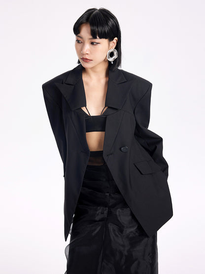 TINY IN casual black cut-out collar waist coat-SYAD