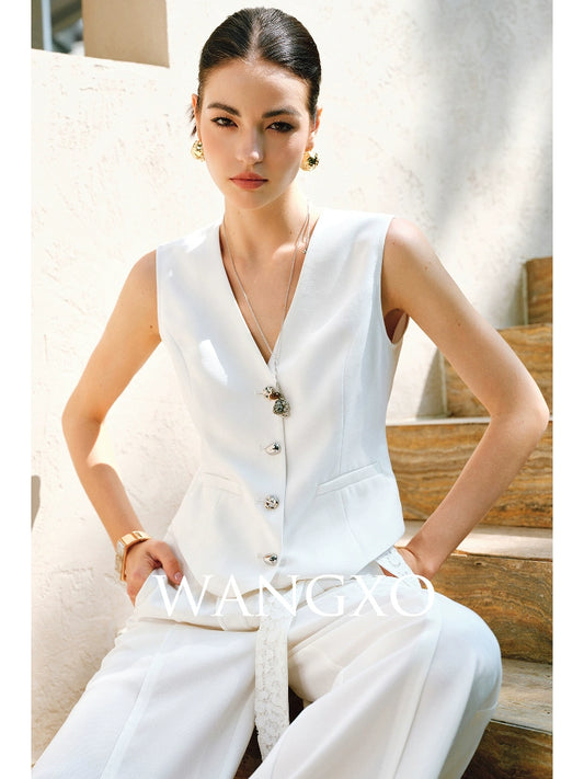 WANGXO |V-Neck Vest & Belted Straight Pants Intellectual Suit Set -NÉRA