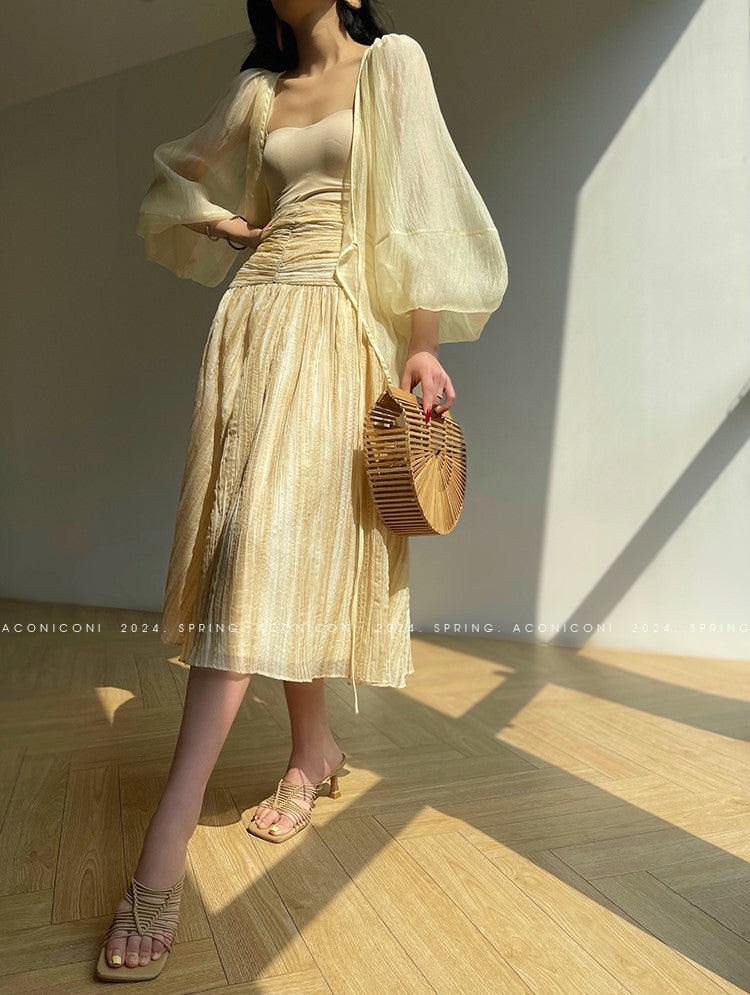 Aconiconi Elegant Wave Pattern Long Sleeve Loose Wedding Guest Dress- Dune